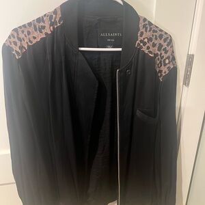 All Saints Black Bomber Jacket with Leopard Print Accents